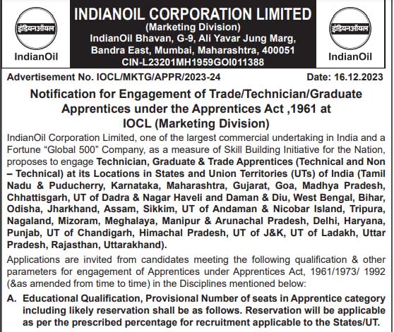 IOCL Trade & Graduate Apprentice, Technician Apprentice Bharti 2024
